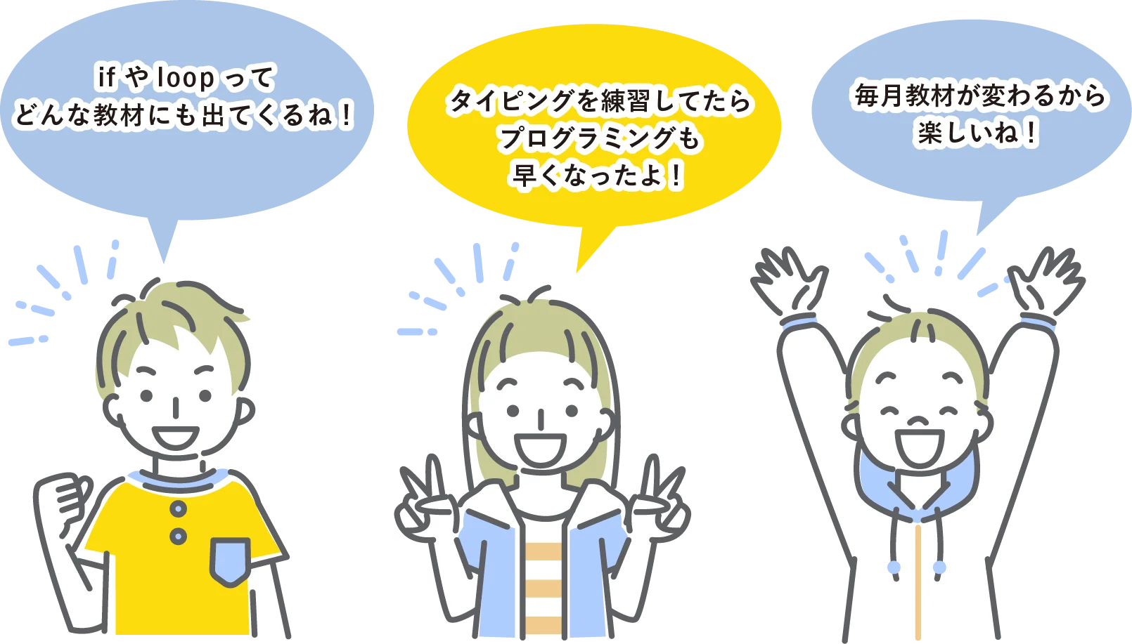 プログラミングレッスンに安心や楽しさをを持つ子供たちのイメージ